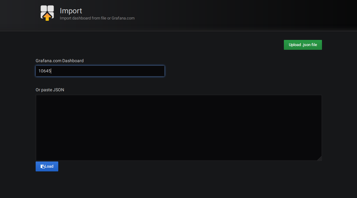 Screenshot of Grafana dashboard import screen