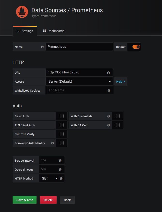 Screenshot of prometheus datasource setup in Grafana