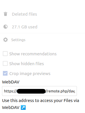 Screenshot of Nextcloud webdav link location