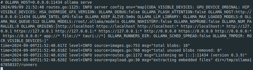 Screenshot of terminal output after starting ollama